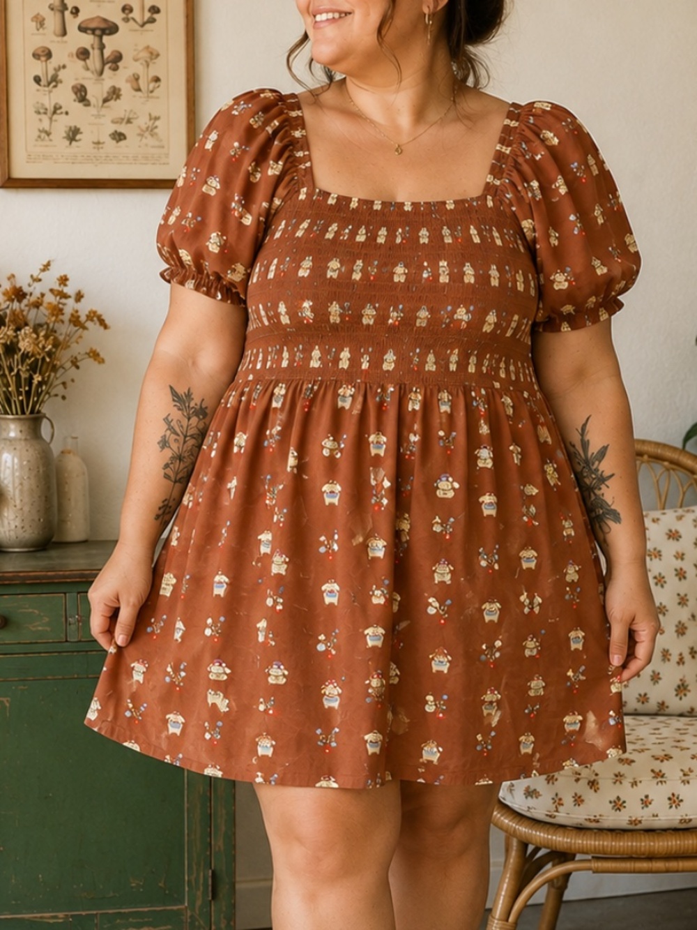 Sanrio Pompompurin Mushroom Smocked Puff Sleeve Mini Dress Size 2X